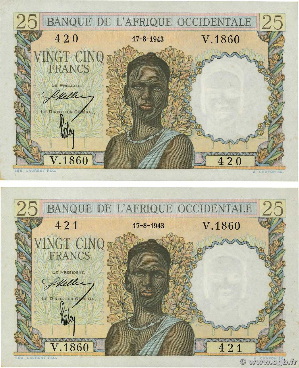 25 Francs Consécutifs AFRIQUE OCCIDENTALE FRANÇAISE (1895-1958)  1943 P.38 SPL+