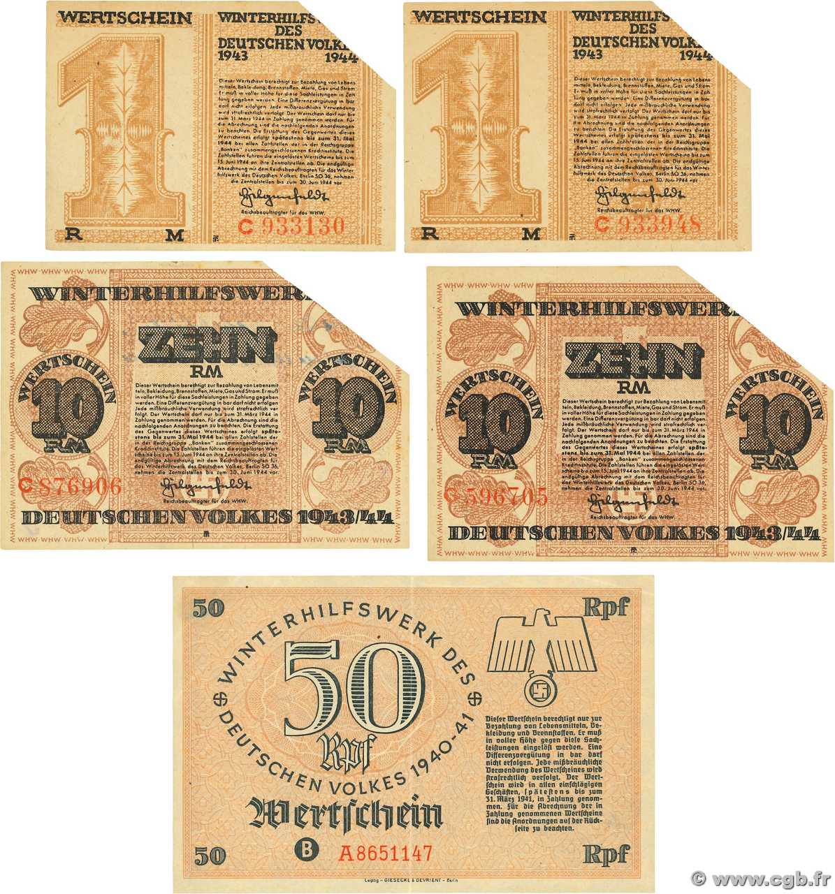 50 RPF, 1 et 10 Reichsmark Lot GERMANY  1940 P.- XF