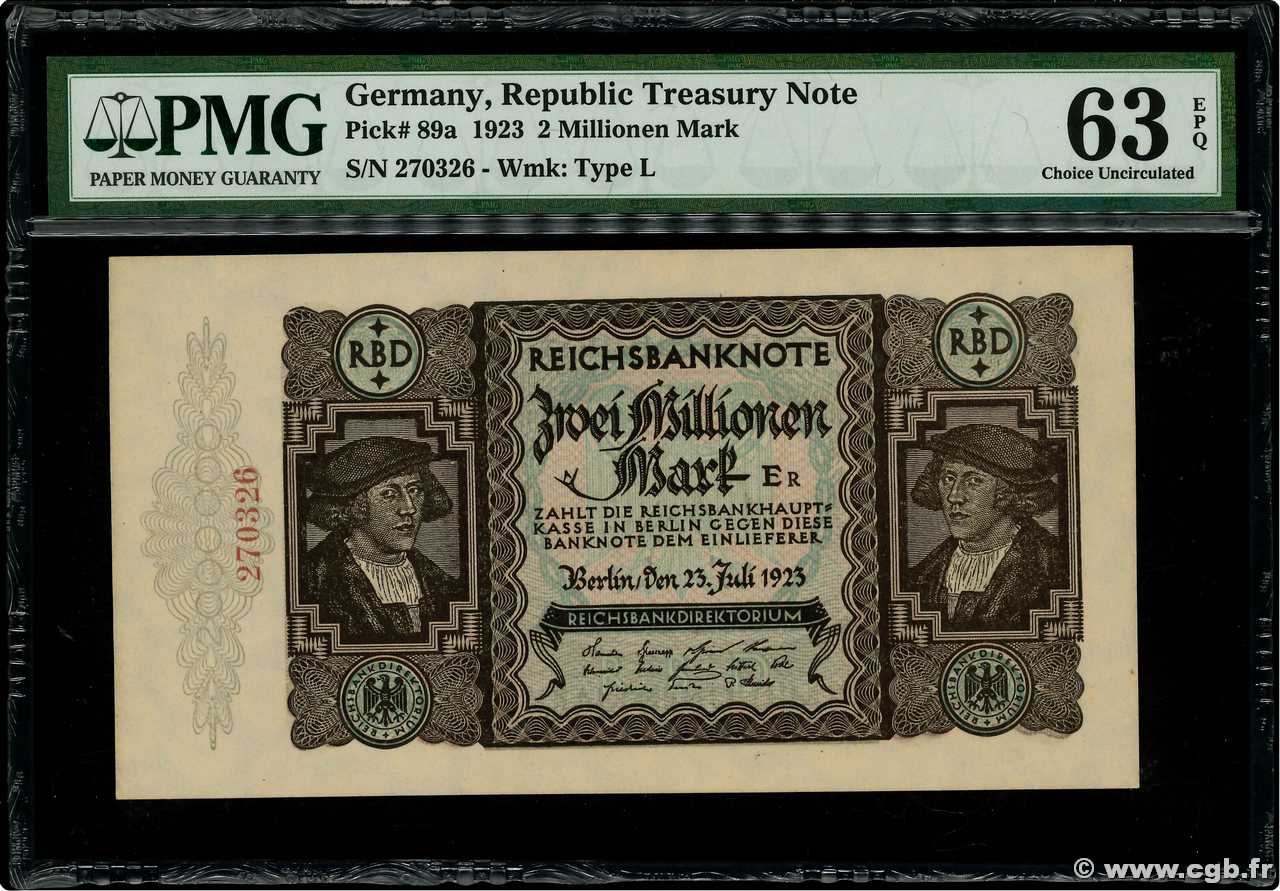 2 Millionen Mark GERMANY  1923 P.089a UNC-