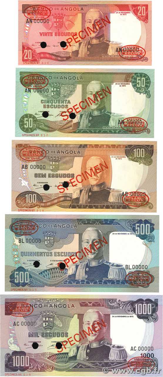 20 à 1000 Escudos Spécimen ANGOLA  1972 P.099s au P.103s SPL