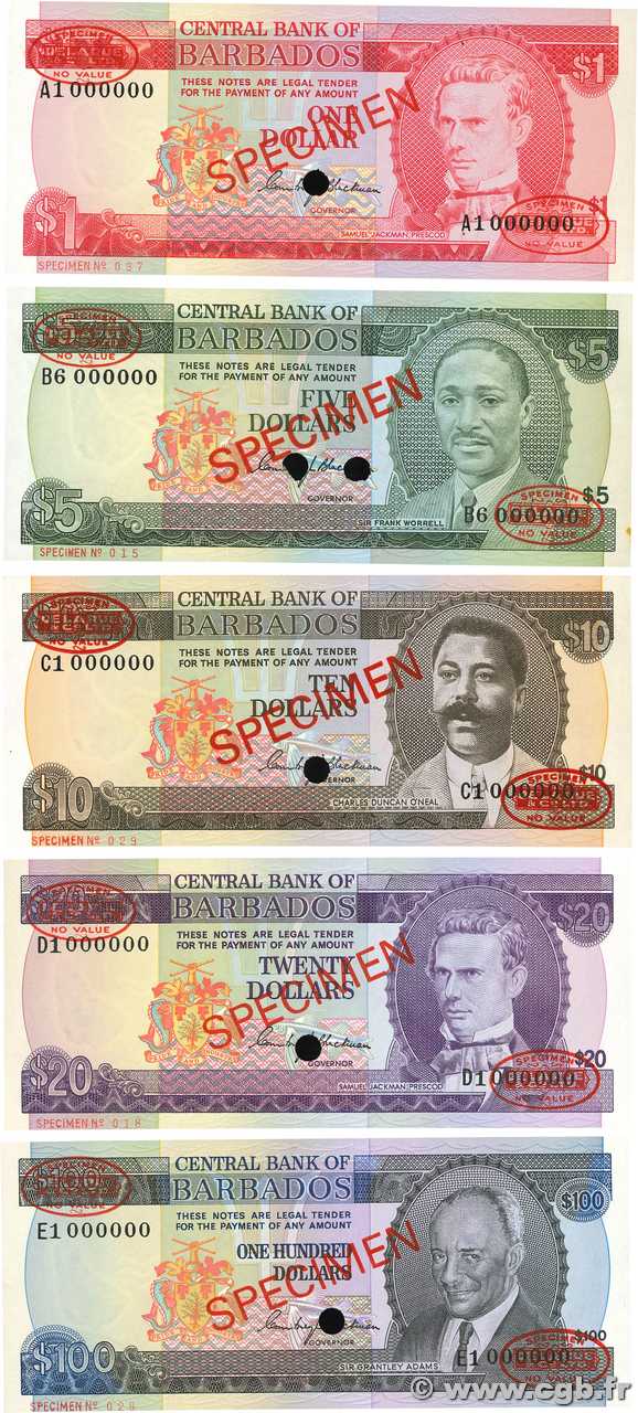 1 à 100 Dollars Spécimen BARBADOS  1973 P.29s, P.32s au P.35s SPL