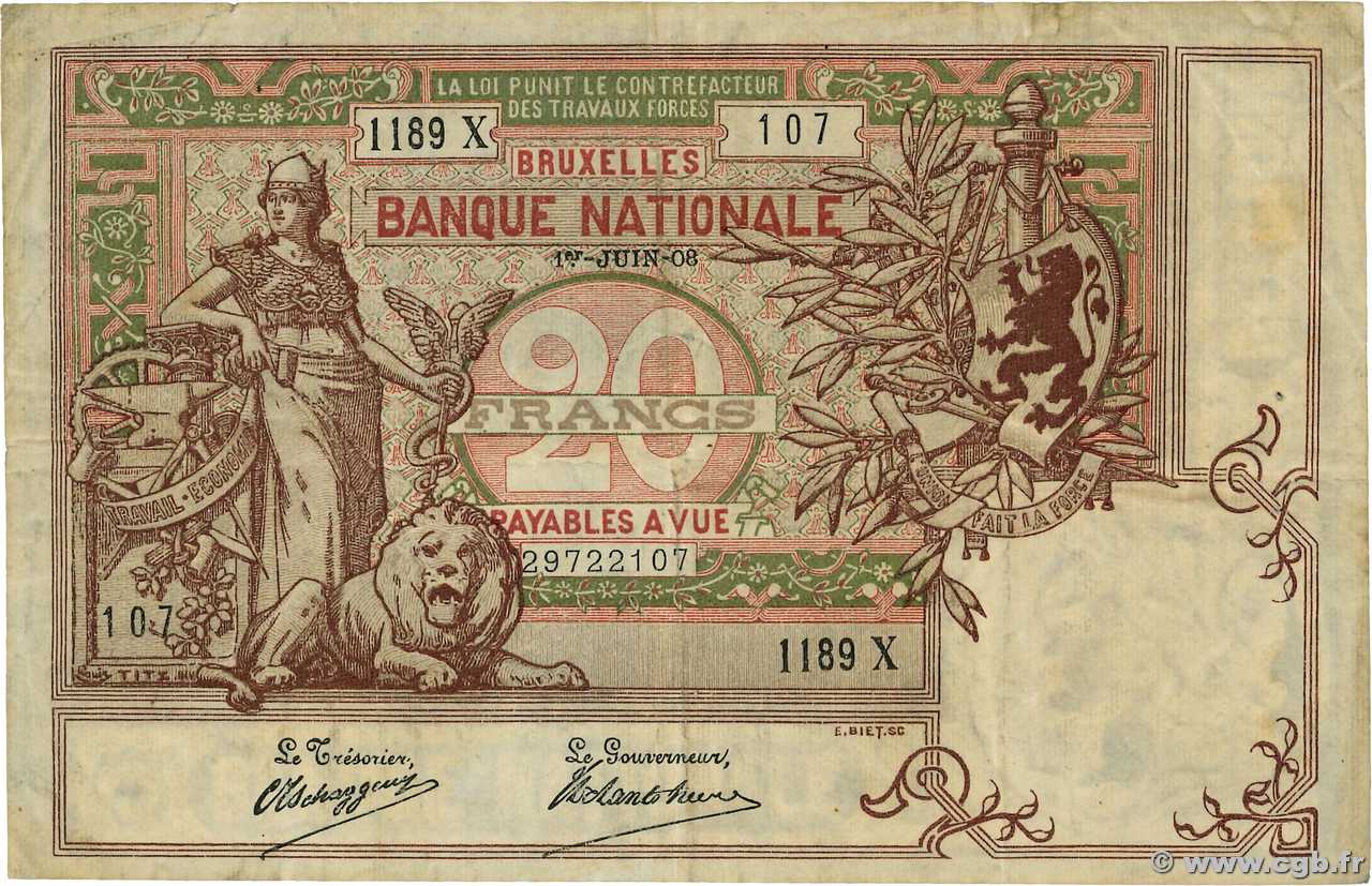 20 Francs BELGIUM  1908 P.062d F+