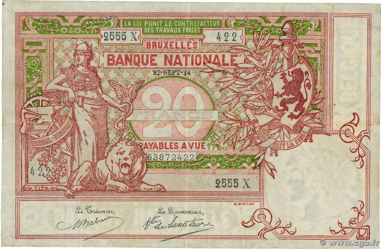20 Francs  BELGIQUE  1914 P.067 TB+