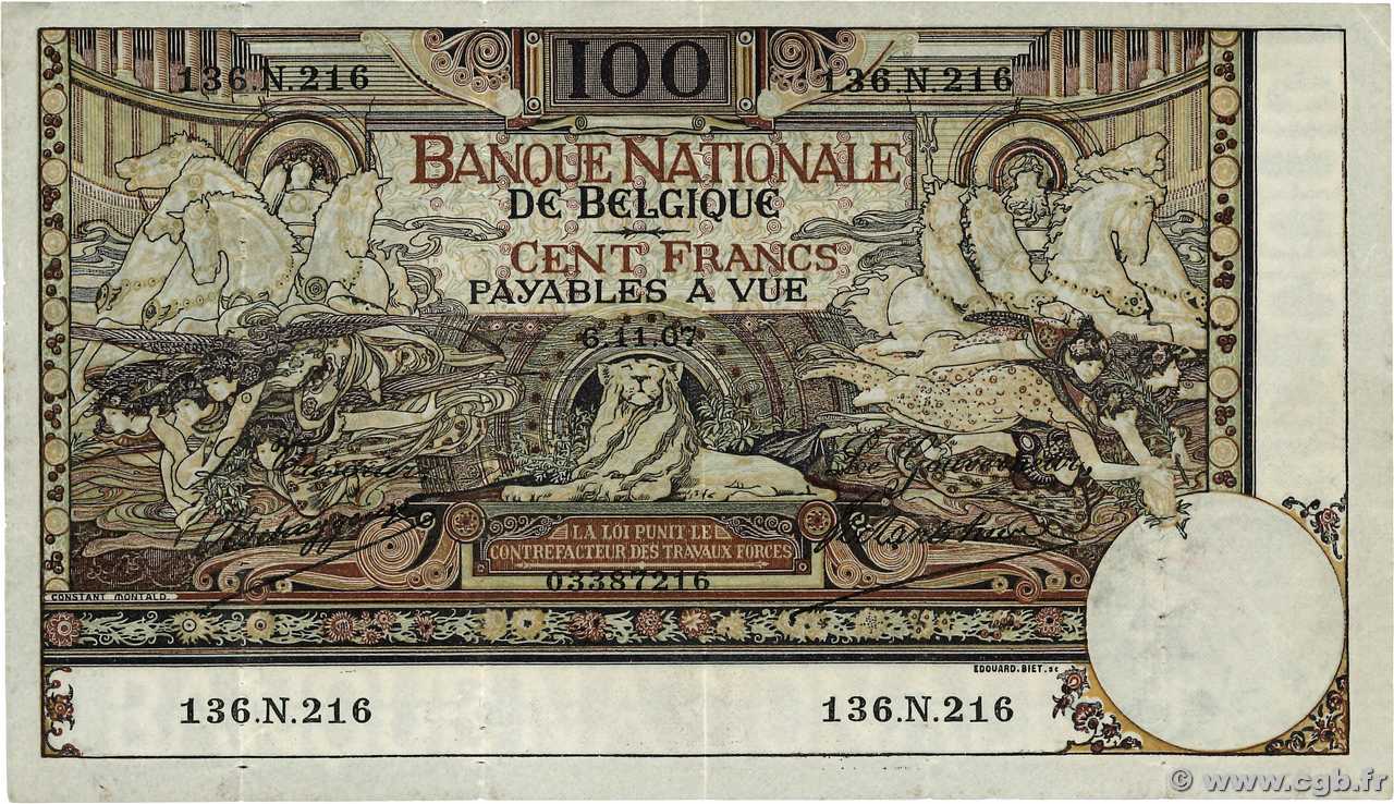 100 Francs BELGIUM  1907 P.070 F