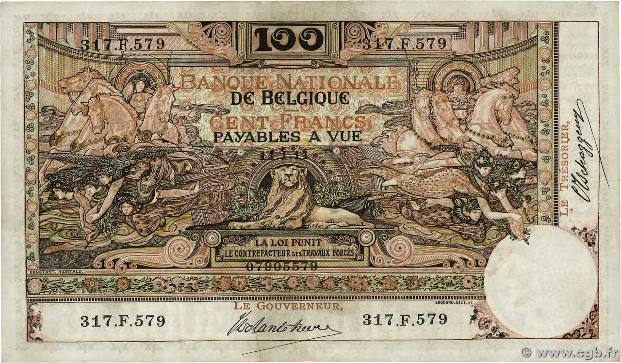 100 Francs BELGIUM  1911 P.071 F+