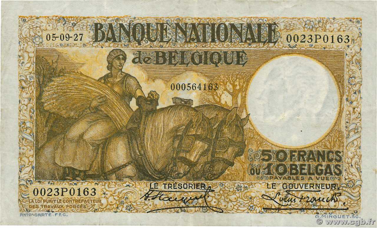 50 Francs - 10 Belgas BELGIUM  1927 P.100 VF-