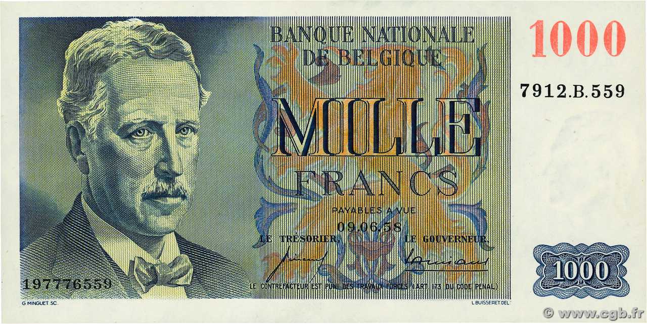 1000 Francs BELGIUM  1958 P.131a AU+