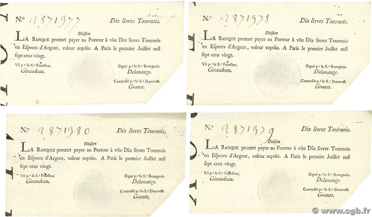 10 Livres Tournois typographié Consécutifs FRANKREICH  1720 Dor.22 VZ+