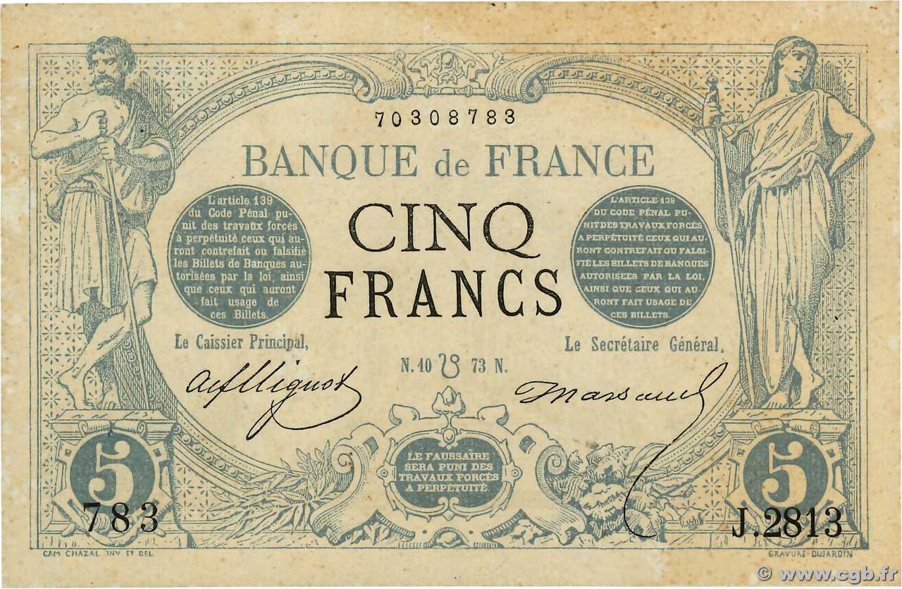 5 Francs NOIR FRANCE  1873 F.01.20 XF-