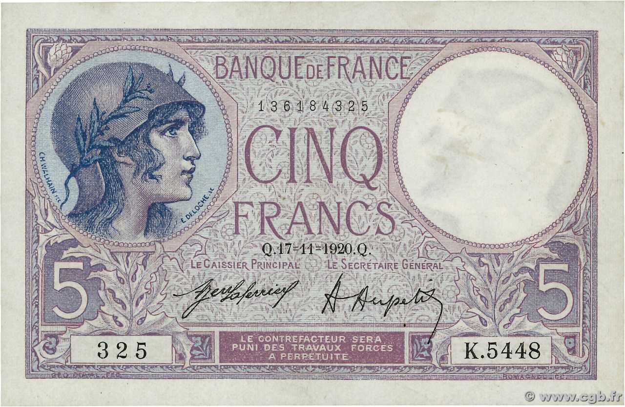 5 Francs FEMME CASQUÉE FRANCE  1920 F.03.04 VF+