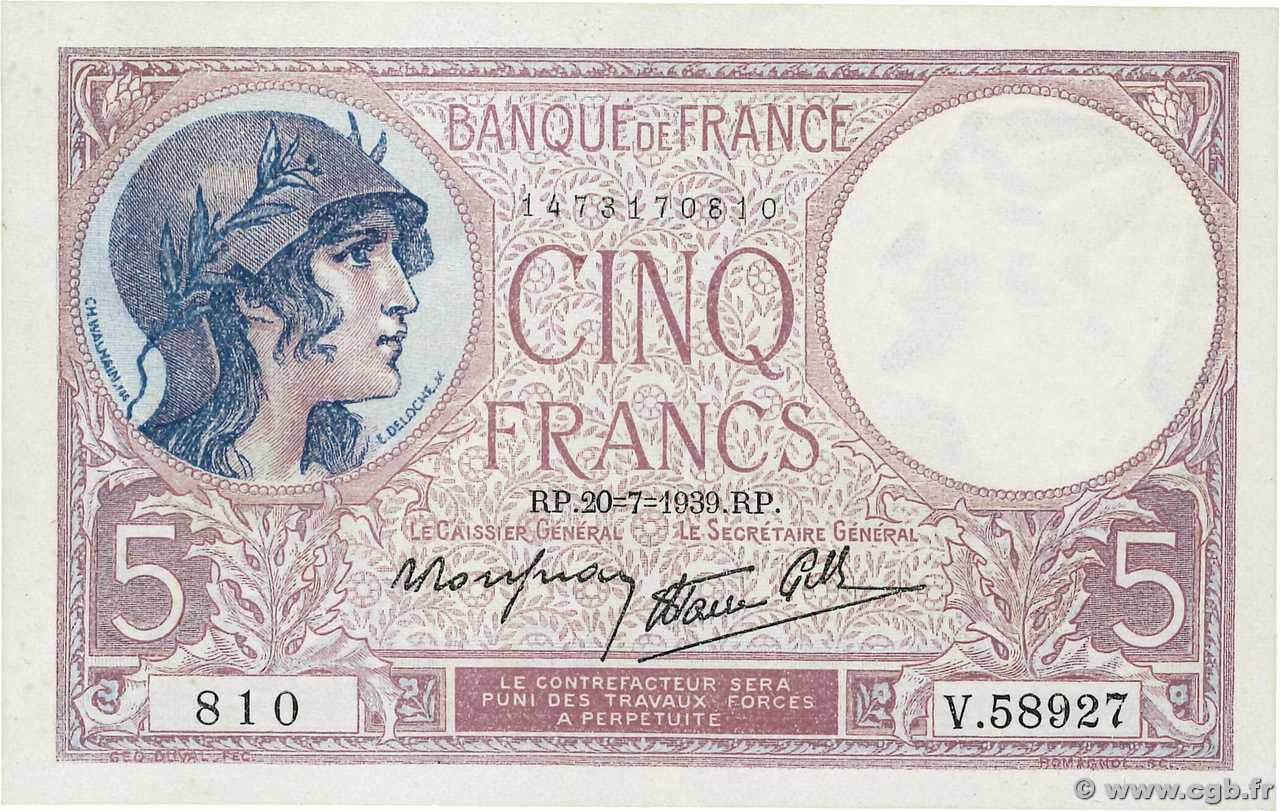 5 Francs FEMME CASQUÉE modifié FRANCE  1939 F.04.02 SPL
