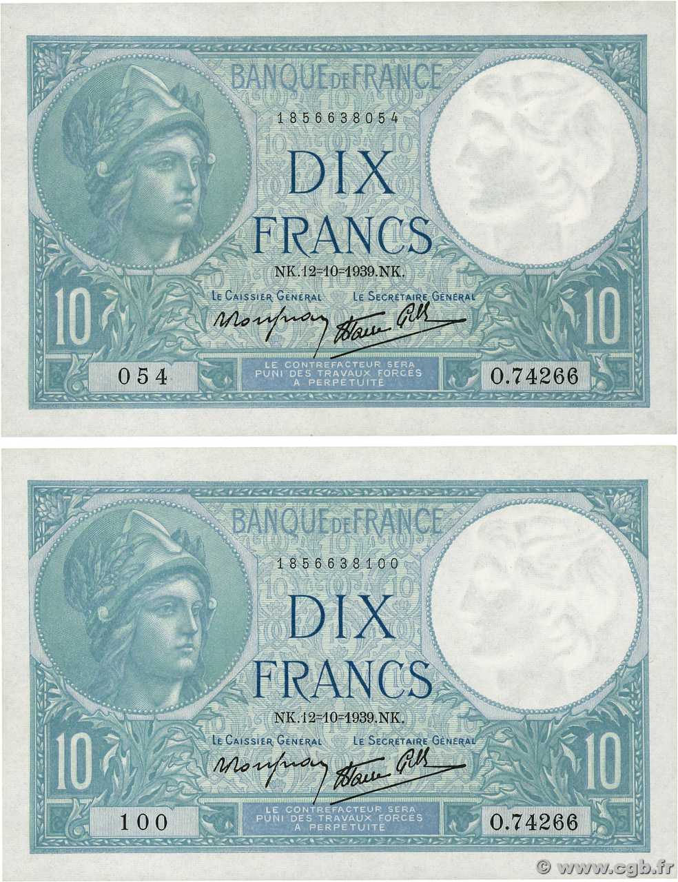 10 Francs MINERVE modifié Lot FRANCE  1939 F.07.11 TTB+