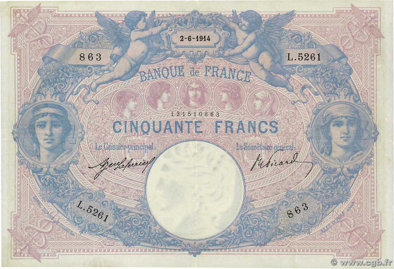 50 Francs BLEU ET ROSE FRANCE  1914 F.14.27 VF-