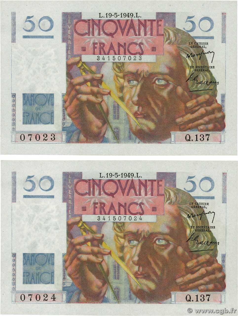50 Francs LE VERRIER Consécutifs FRANCE  1949 F.20.12 pr.NEUF