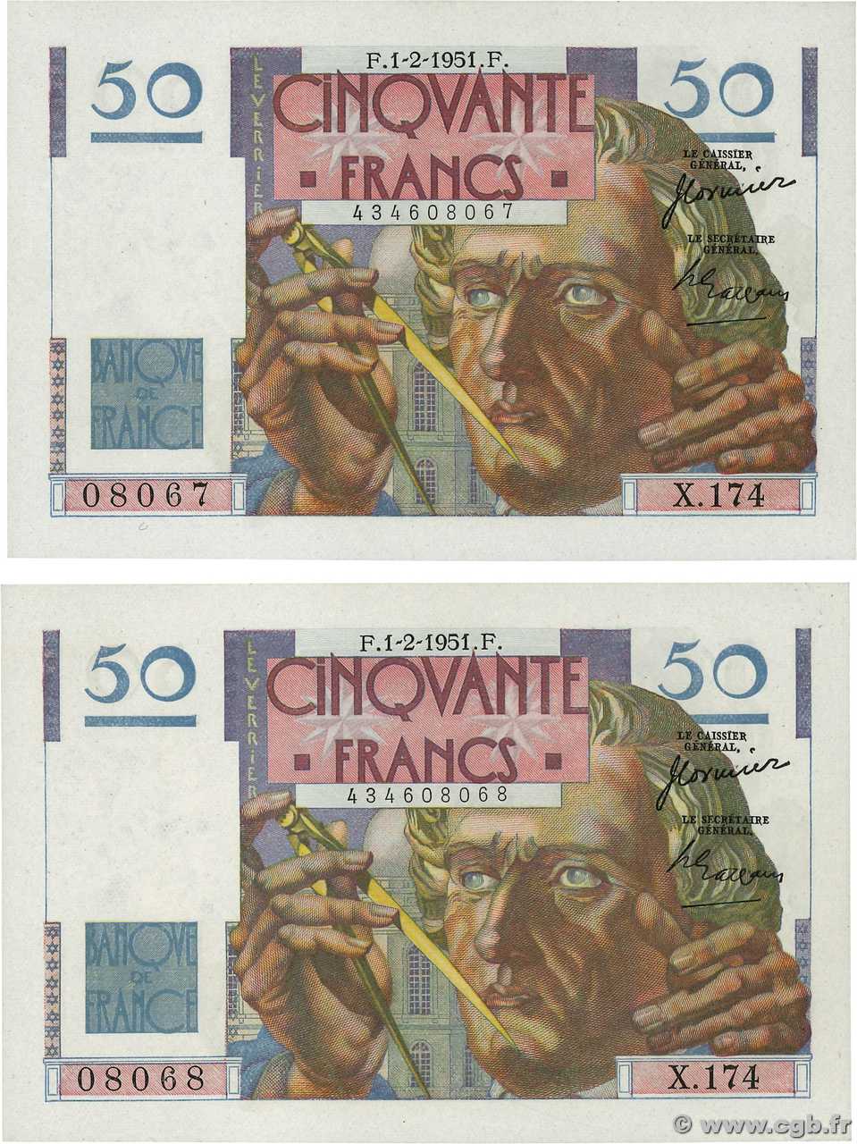 50 Francs LE VERRIER Consécutifs FRANCE  1951 F.20.17 NEUF