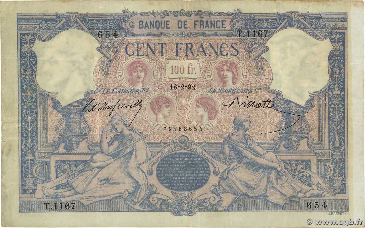 100 Francs BLEU ET ROSE FRANCIA  1892 F.21.05 q.BB