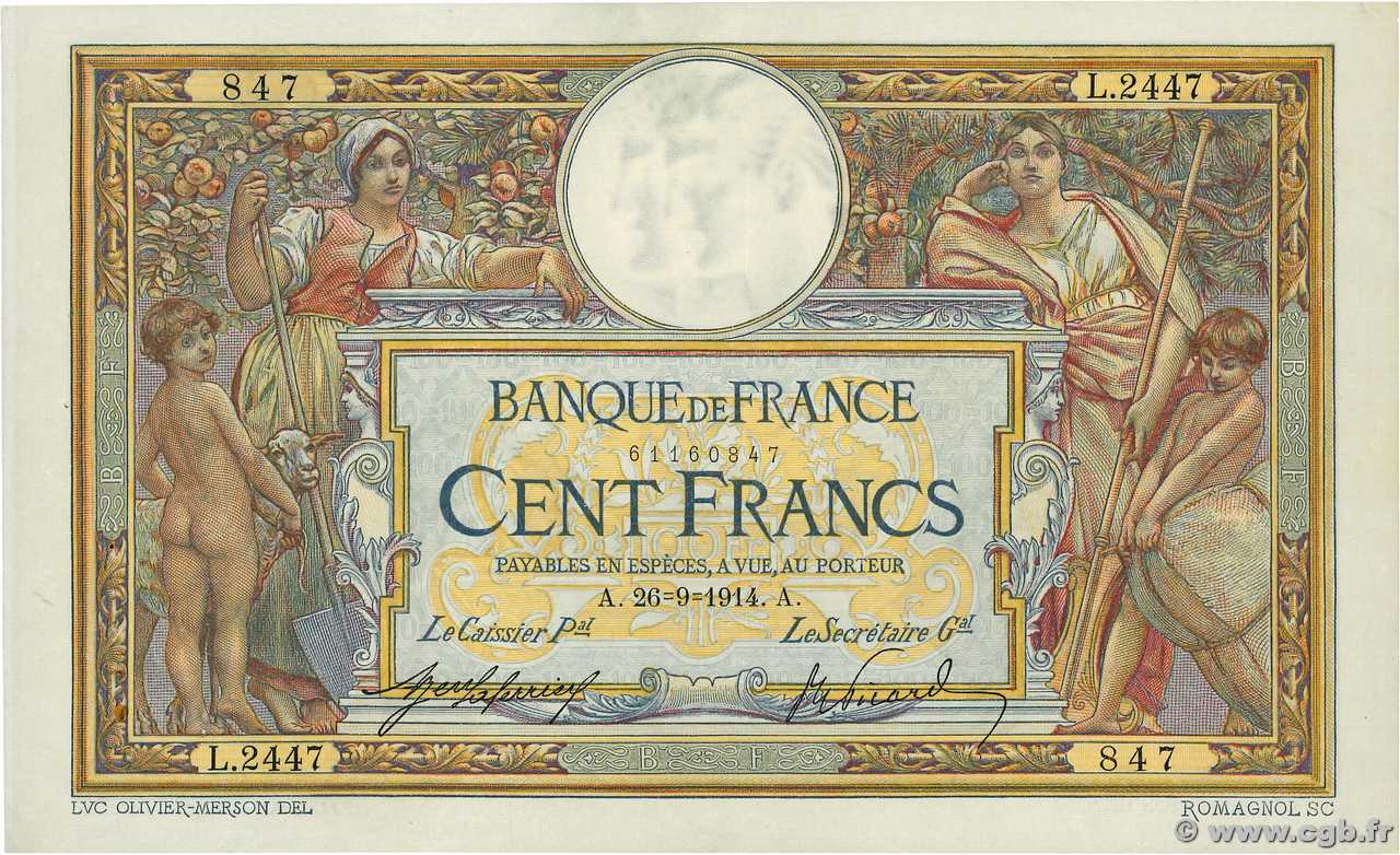 100 Francs LUC OLIVIER MERSON sans LOM FRANCE  1914 F.23.06 VF+