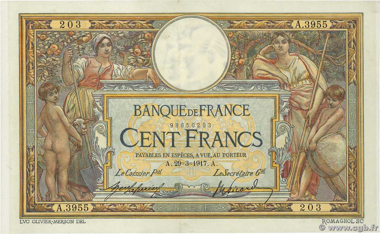 100 Francs LUC OLIVIER MERSON sans LOM FRANCE  1917 F.23.09 XF-