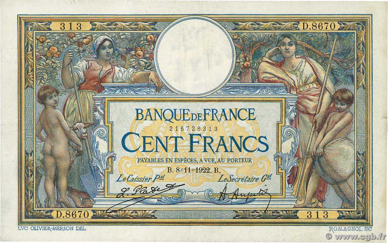100 Francs LUC OLIVIER MERSON sans LOM FRANCIA  1922 F.23.15 MBC+