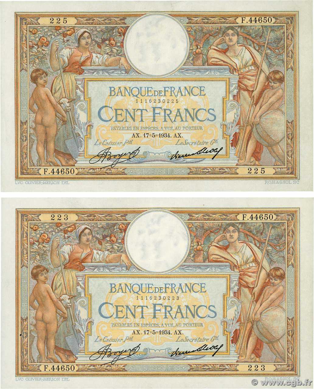 100 Francs LUC OLIVIER MERSON grands cartouches Lot FRANKREICH  1934 F.24.13 VZ