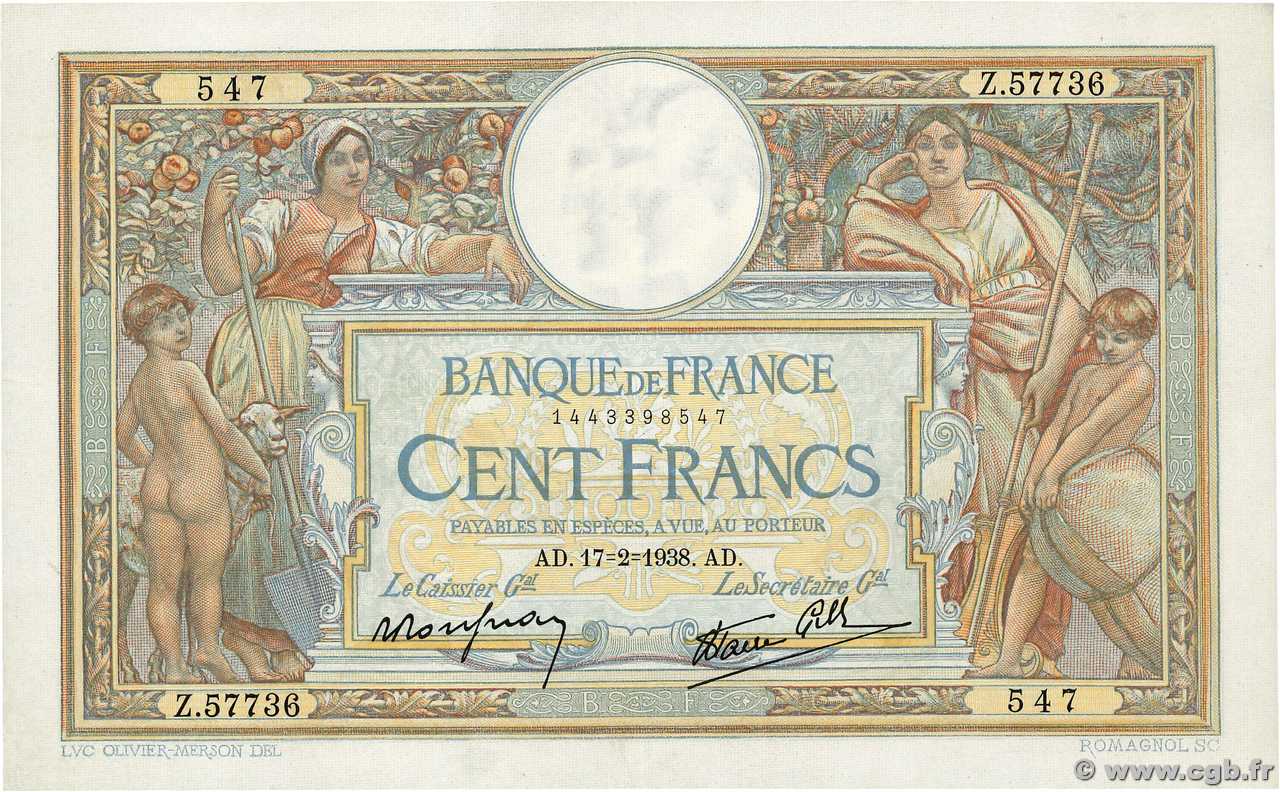 100 Francs LUC OLIVIER MERSON type modifié FRANKREICH  1938 F.25.11 fVZ