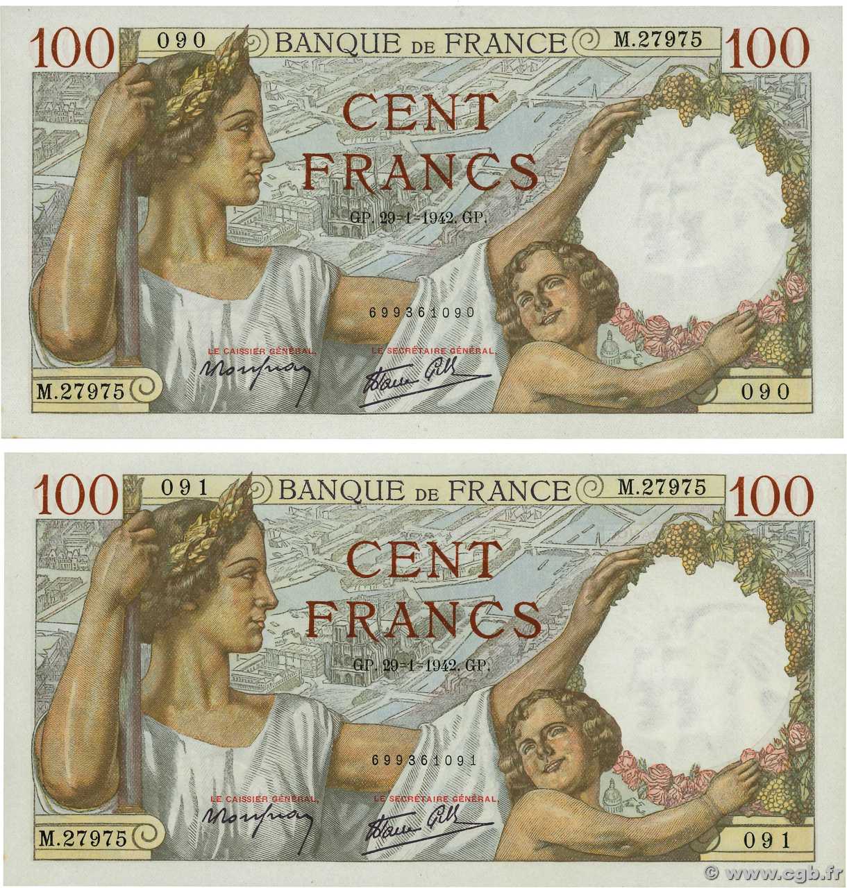 100 Francs SULLY Consécutifs FRANCE  1942 F.26.65 UNC