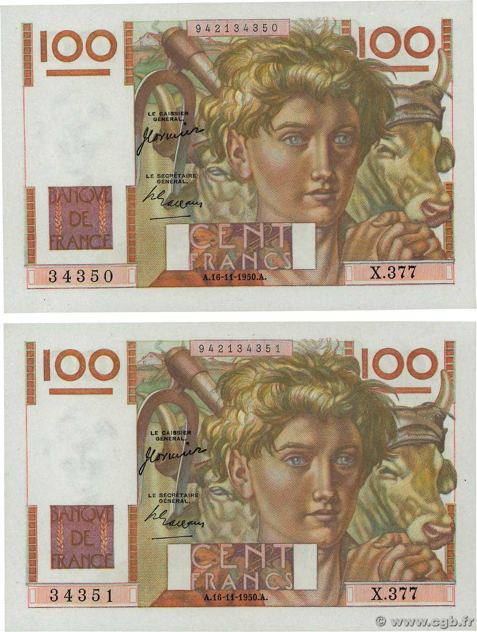 100 Francs JEUNE PAYSAN Consécutifs FRANCE  1950 F.28.28 AU