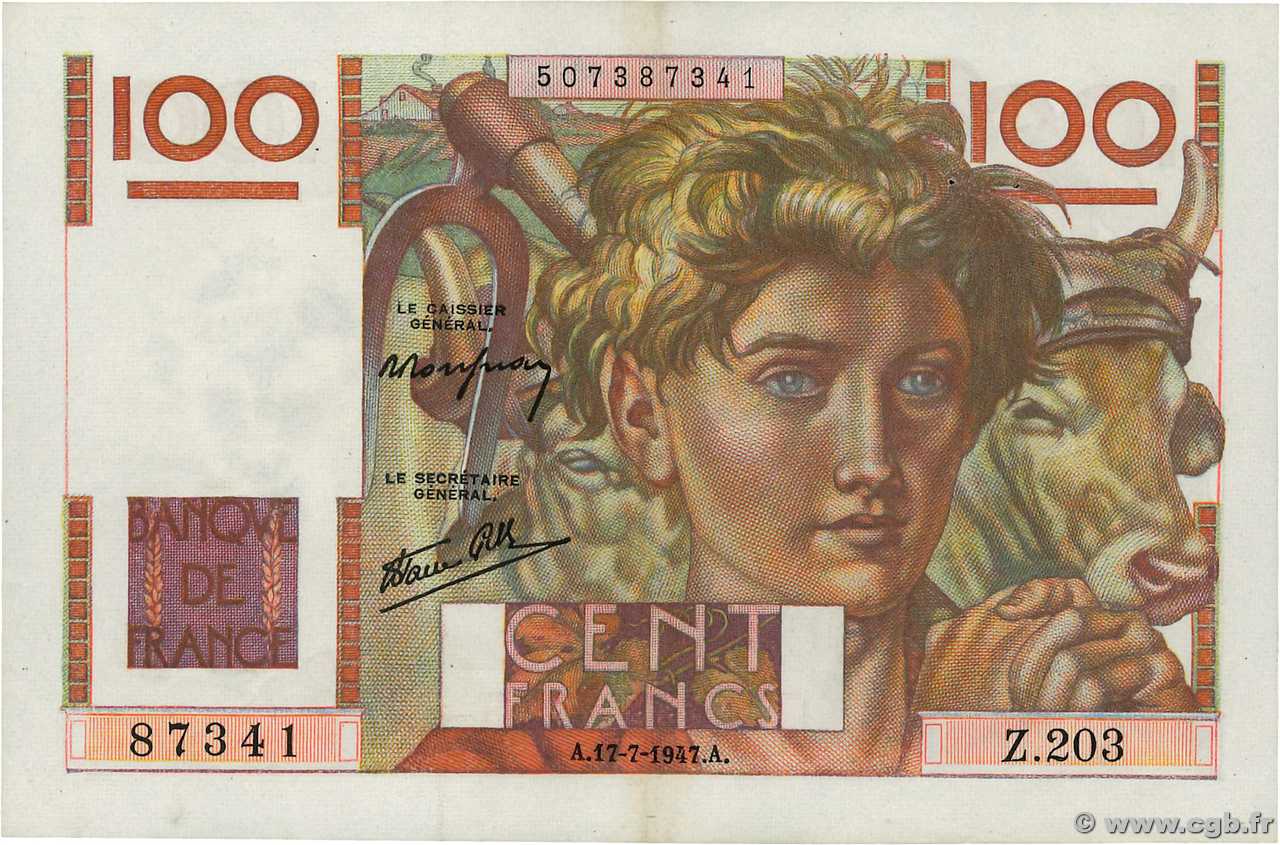 100 Francs JEUNE PAYSAN Favre-Gilly FRANKREICH  1947 F.28ter.01 VZ