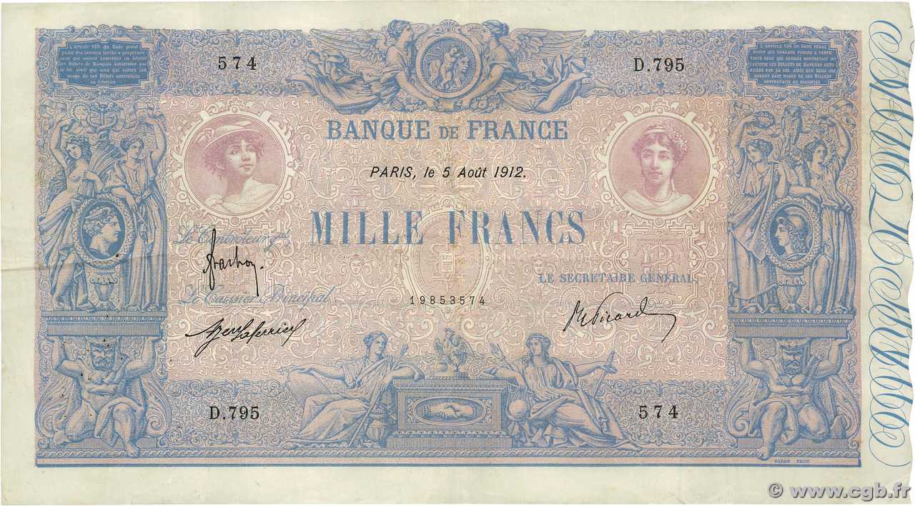 1000 Francs BLEU ET ROSE FRANCE  1912 F.36.26 TTB