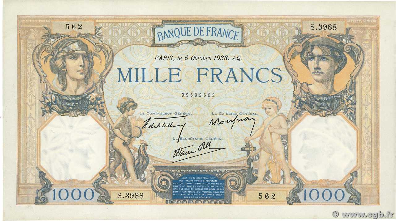 1000 Francs CÉRÈS ET MERCURE type modifié FRANCE  1938 F.38.28 SPL