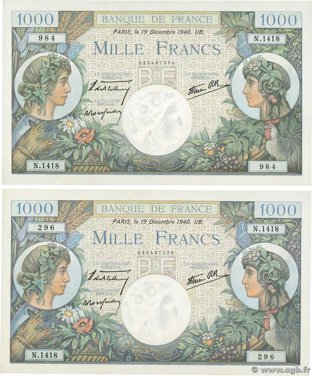 1000 Francs COMMERCE ET INDUSTRIE Lot FRANCE  1940 F.39.03 SUP+