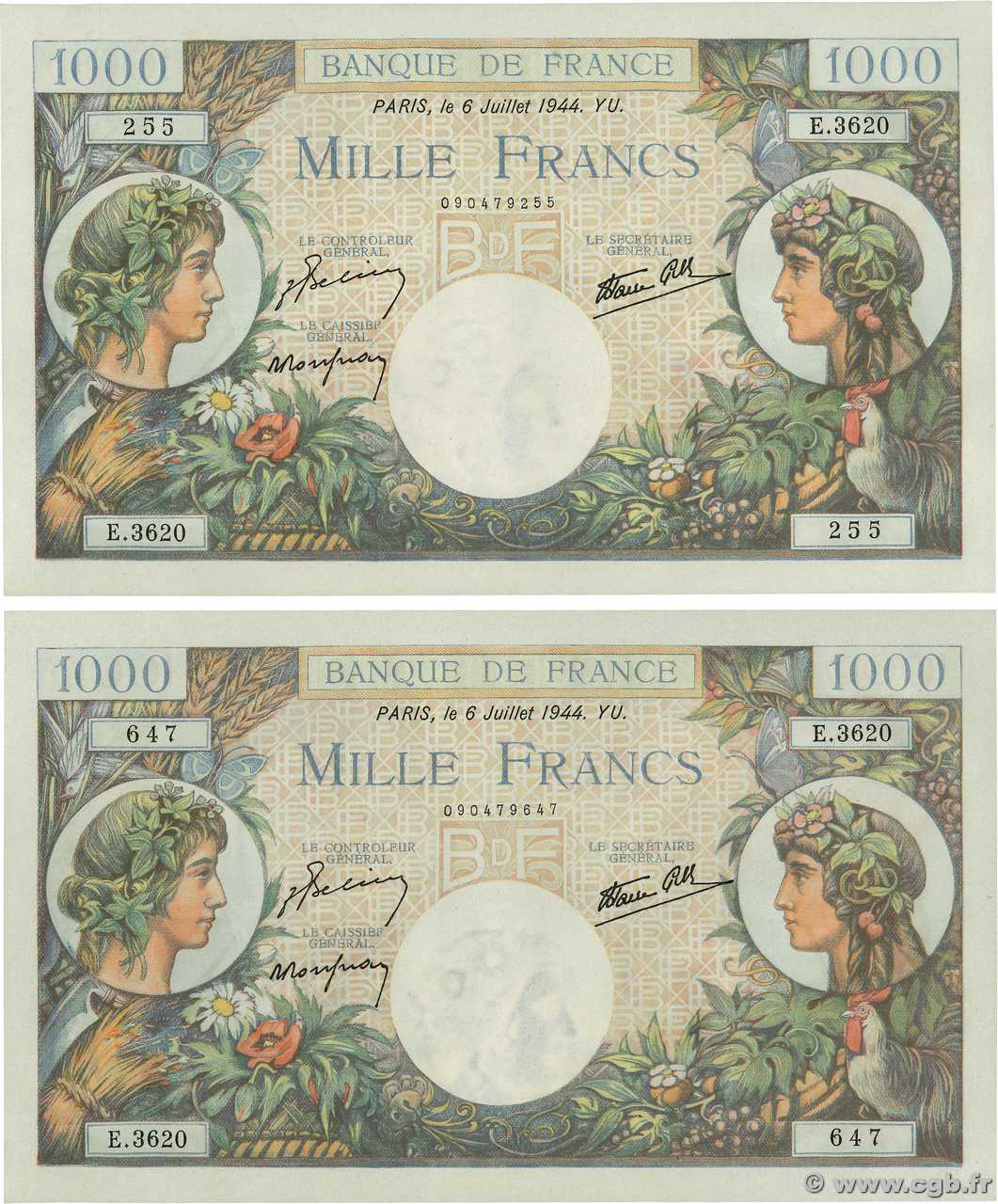 1000 Francs COMMERCE ET INDUSTRIE Lot FRANKREICH  1944 F.39.10 fST+