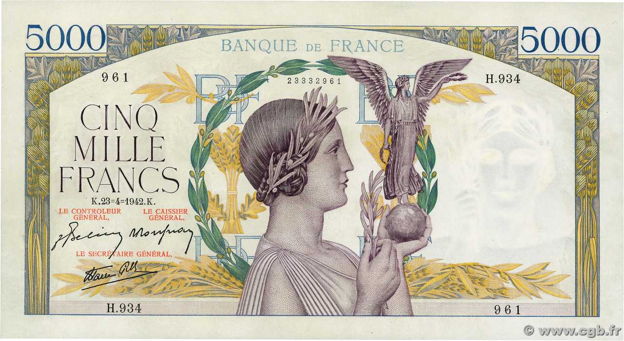 5000 Francs VICTOIRE Impression à plat FRANCE  1942 F.46.37 XF+