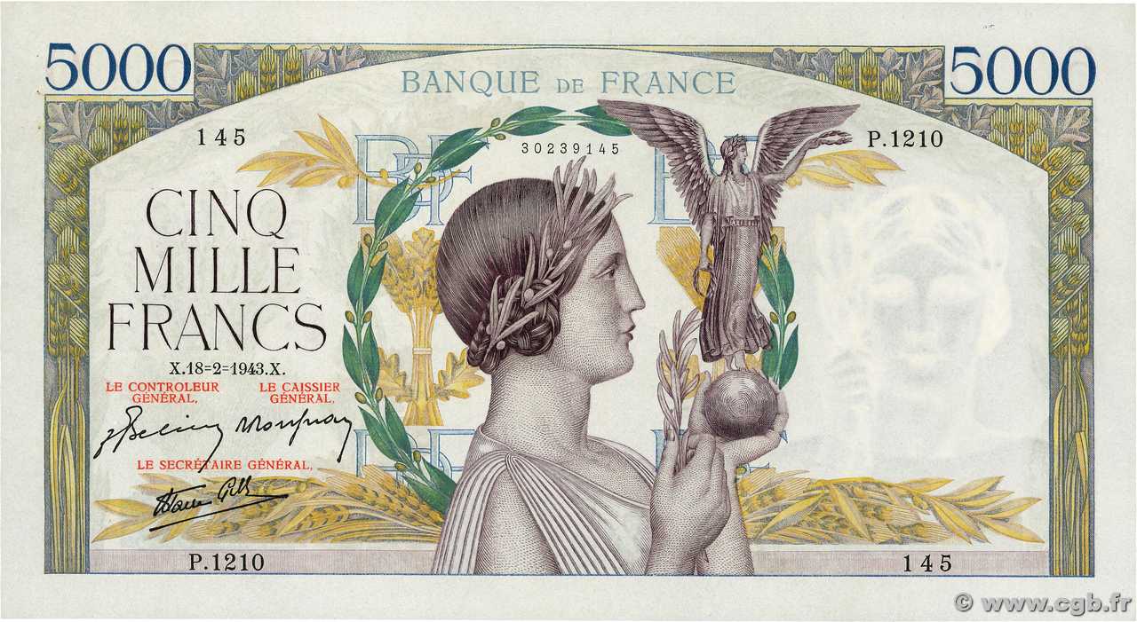 5000 Francs VICTOIRE Impression à plat FRANCE  1943 F.46.48 XF-