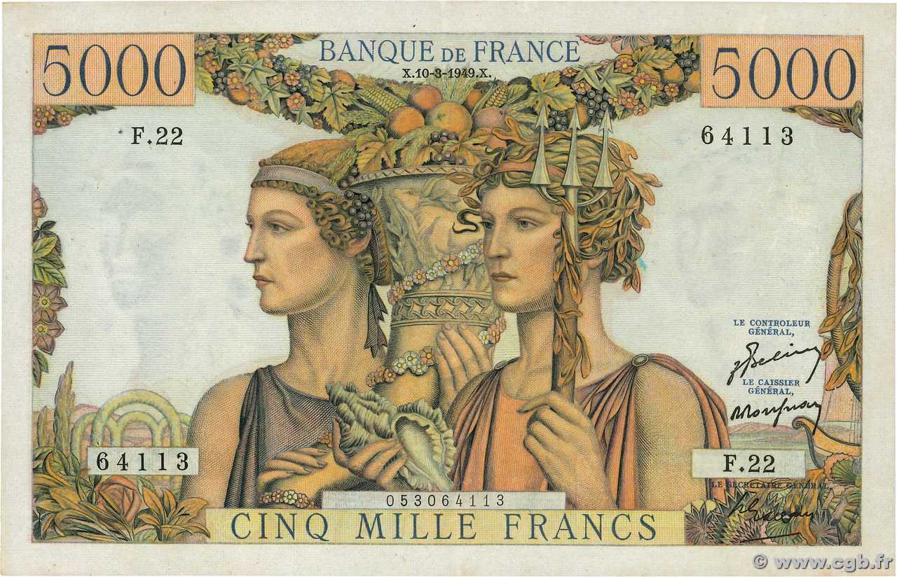 5000 Francs TERRE ET MER FRANCE  1949 F.48.01 XF-
