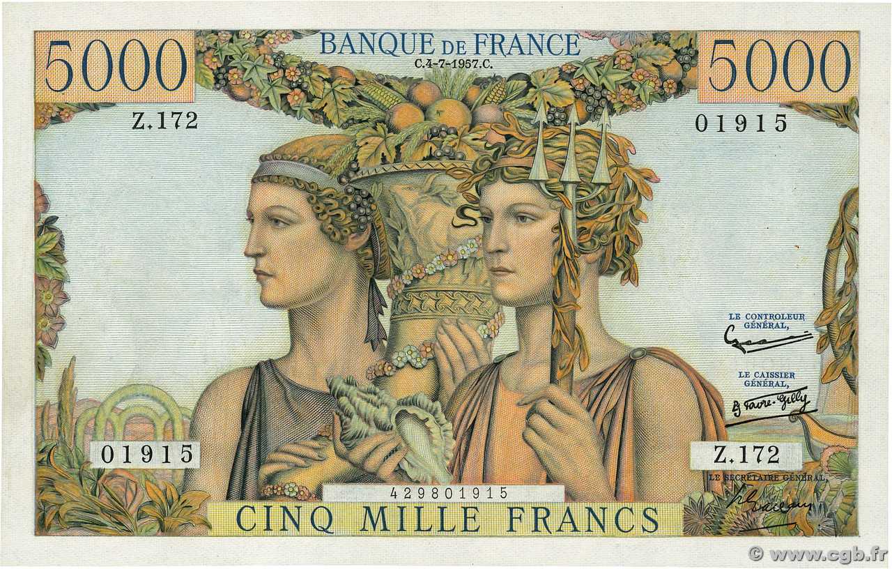 5000 Francs TERRE ET MER FRANCE  1957 F.48.16 VF