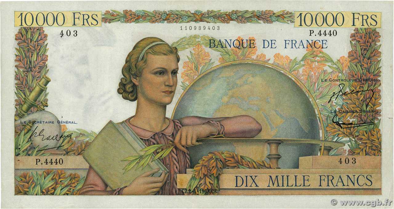 10000 Francs GÉNIE FRANÇAIS FRANCIA  1953 F.50.64 MBC