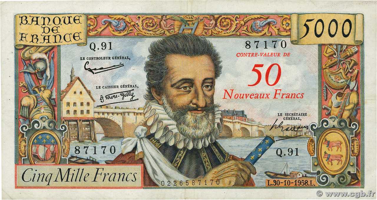 50 NF sur 5000 Francs HENRI IV FRANCE  1958 F.54.01 F