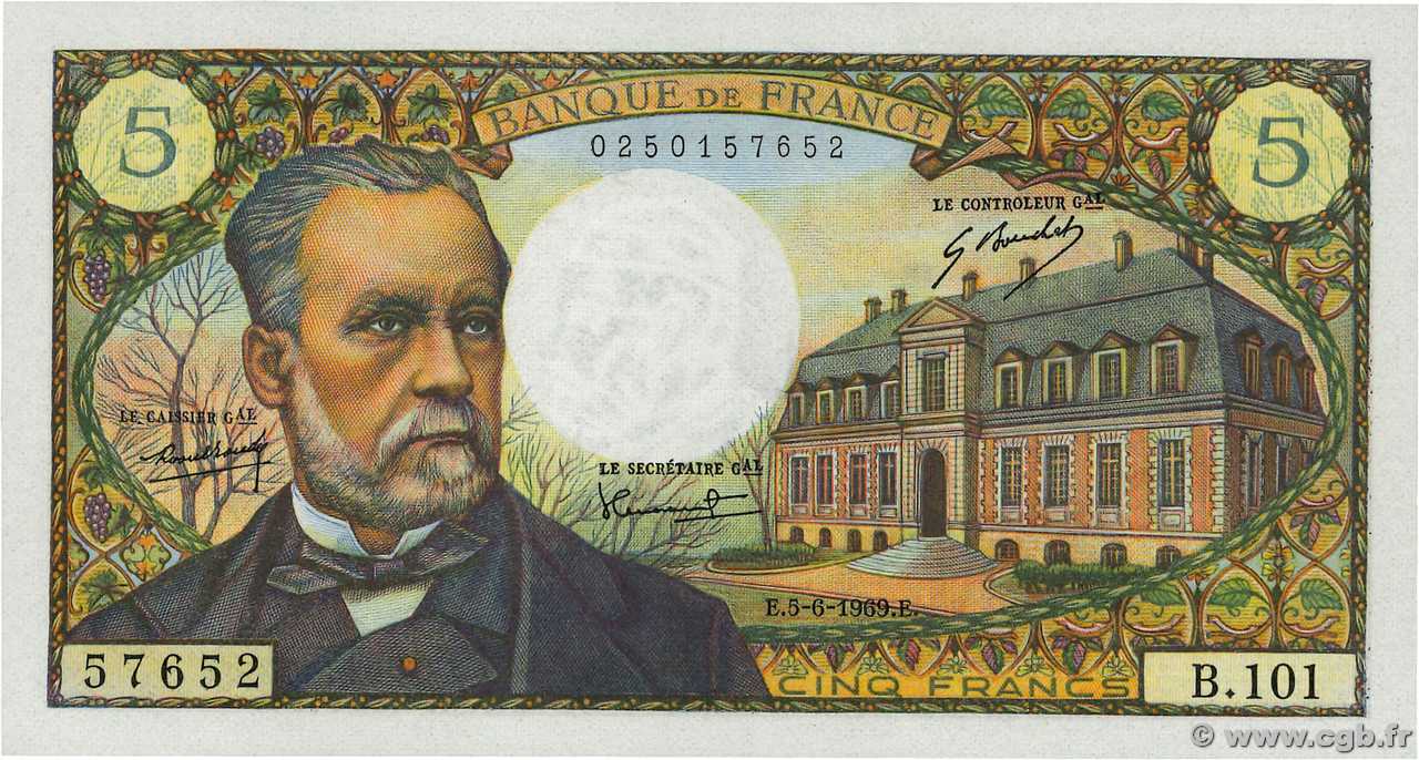 5 Francs PASTEUR FRANCIA  1969 F.61.10 EBC+