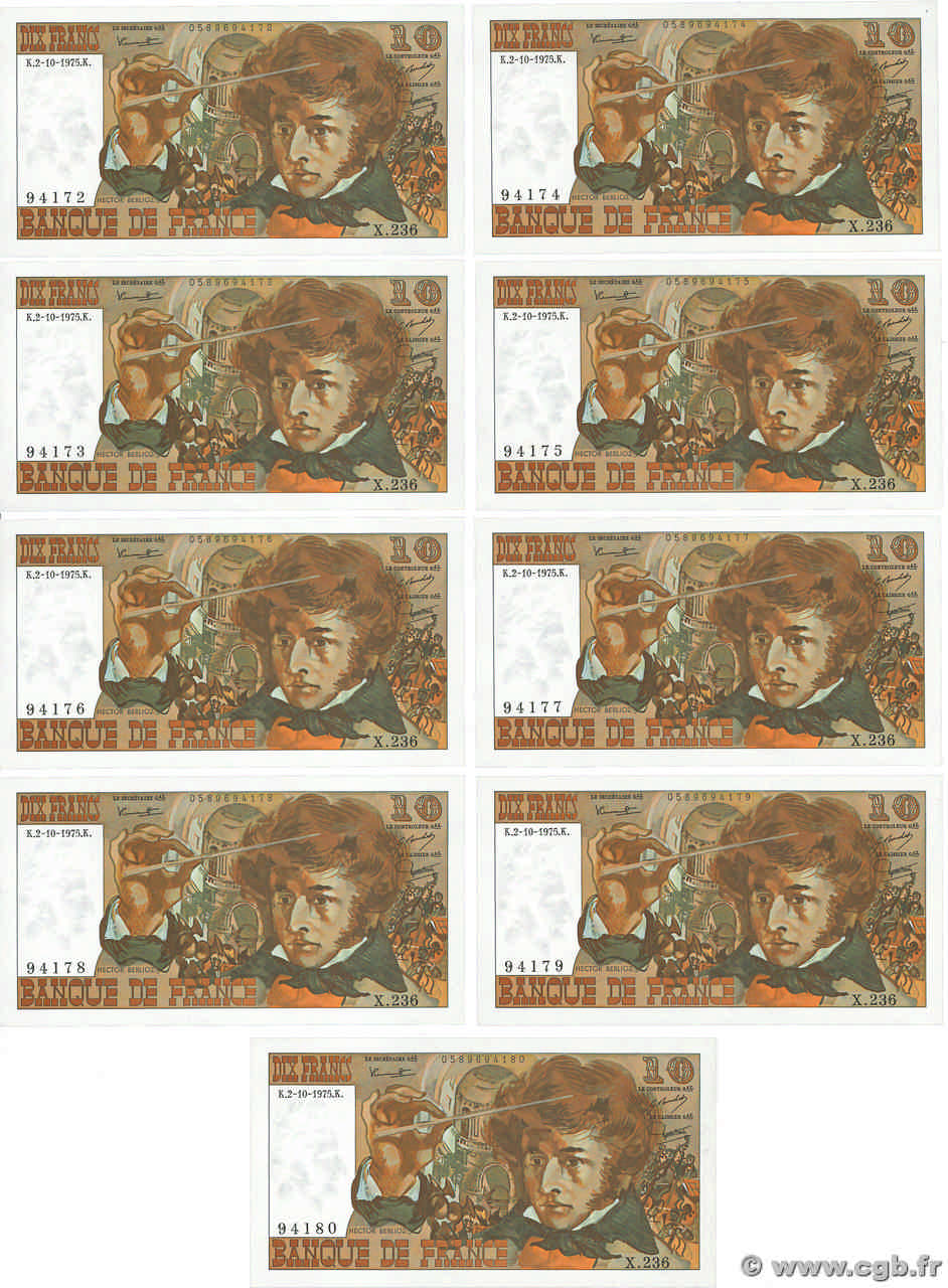 10 Francs BERLIOZ Consécutifs FRANKREICH  1975 F.63.13 fST+
