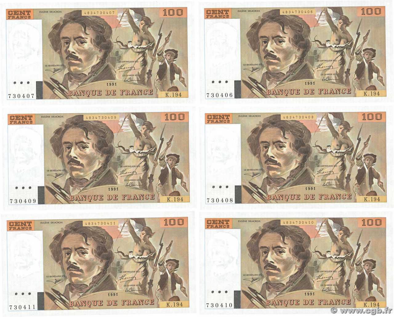 100 Francs DELACROIX imprimé en continu Consécutifs FRANCE  1991 F.69bis.04a NEUF