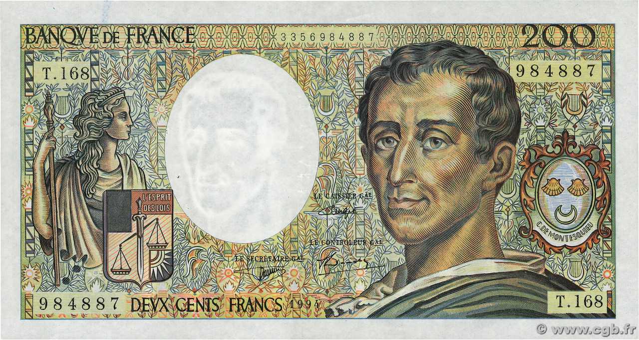 200 Francs MONTESQUIEU Modifié FRANCIA  1994 F.70/2.02 MBC
