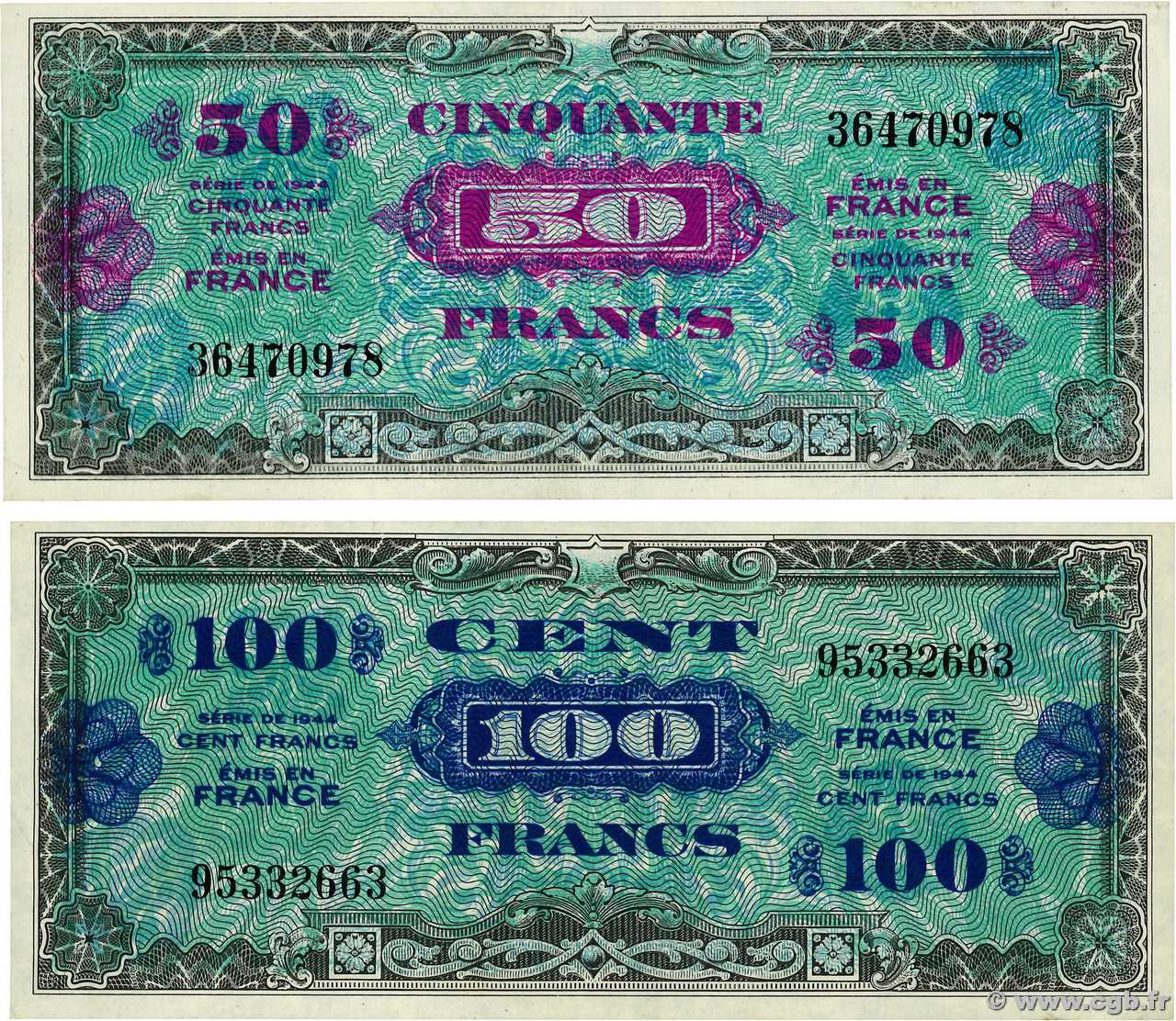 50 et 100 Francs DRAPEAU Lot FRANCE  1944 VF.19.01 et VF.20.01 TTB