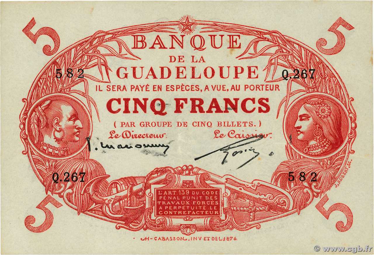 5 Francs Cabasson rouge GUADELOUPE  1943 P.07c SUP
