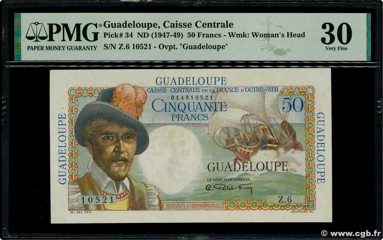 50 Francs Belain d Esnambuc GUADELOUPE  1946 P.34 MBC