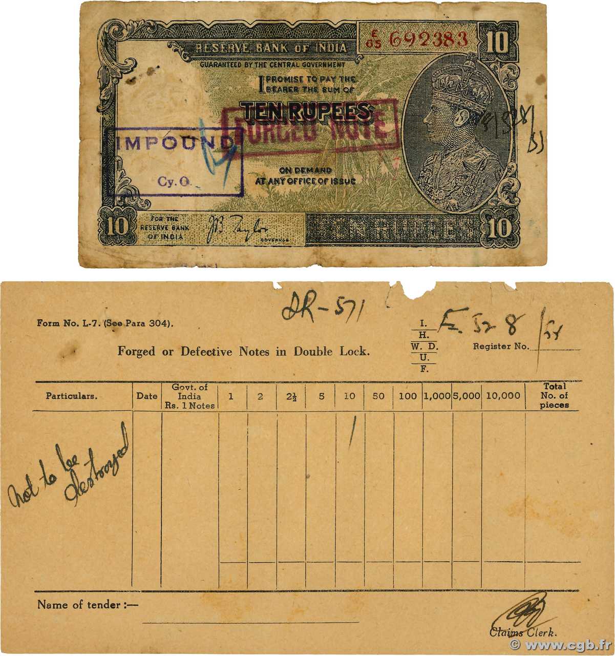 10 Rupees Faux INDE  1937 P.019x B