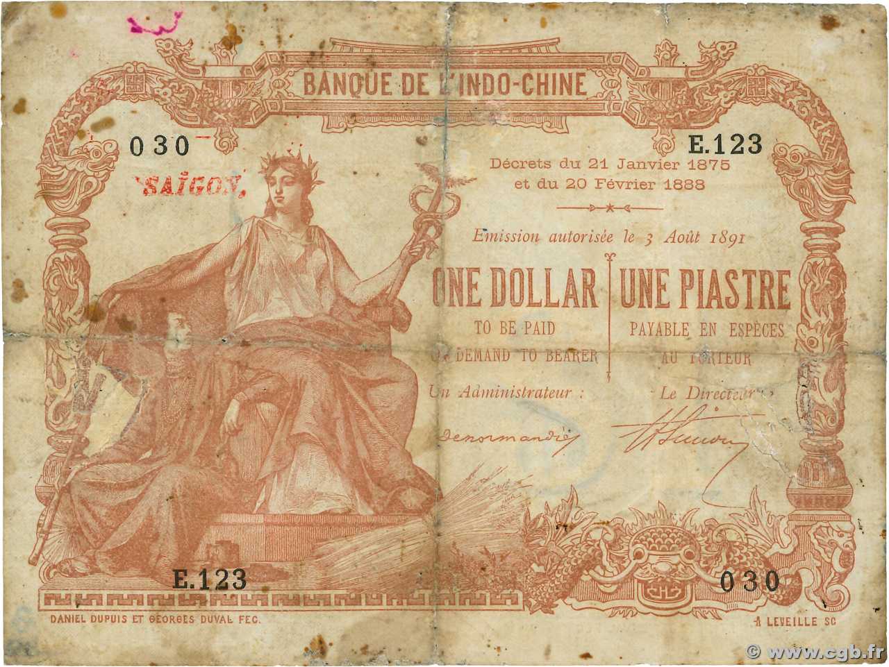 1 Dollar - 1 Piastre marron FRENCH INDOCHINA  1891 P.027 VG