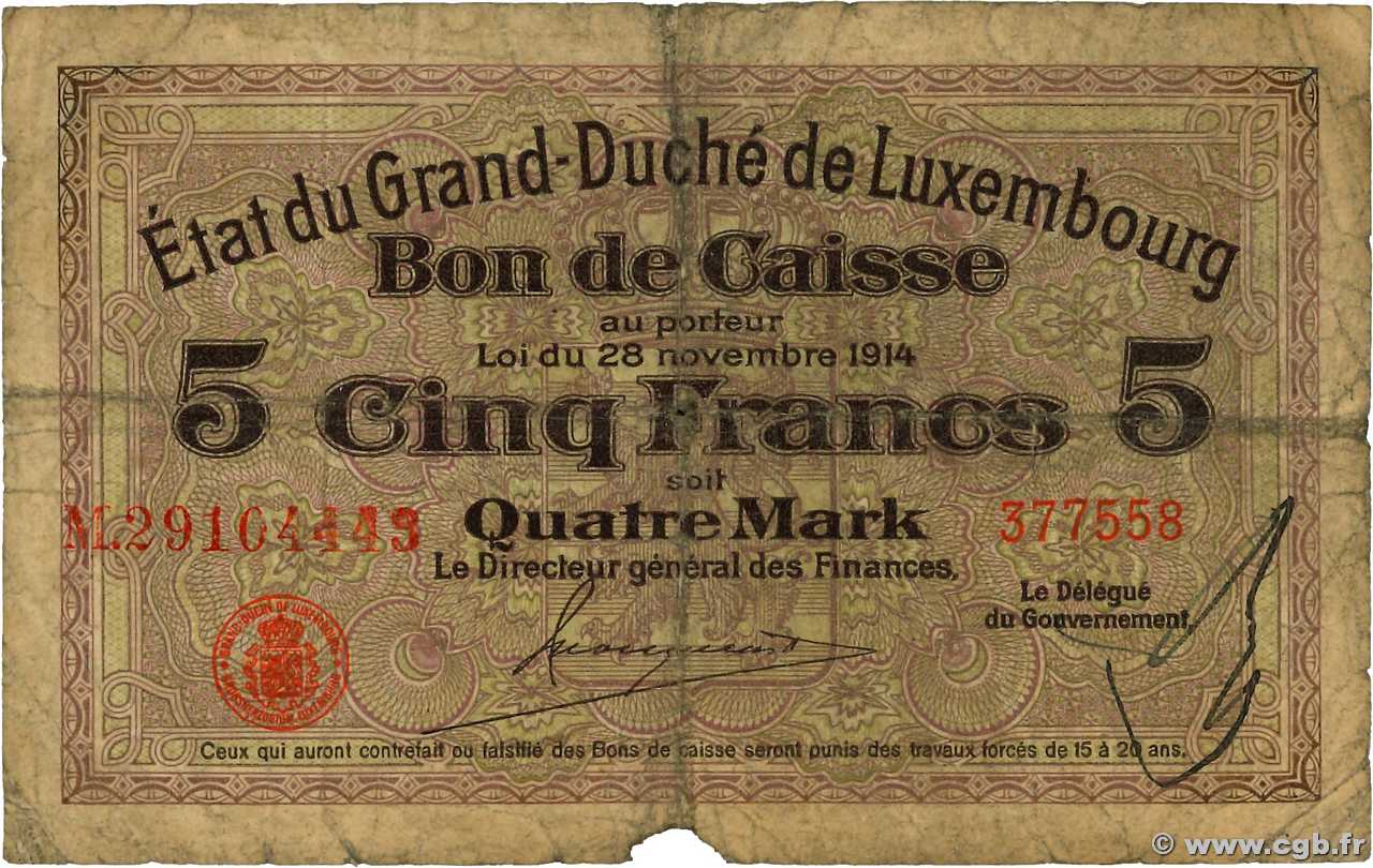5 Francs /  4 Mark LUXEMBOURG  1914 P.23 pr.B
