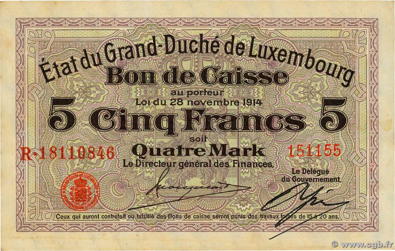 5 Francs /  4 Mark LUXEMBURG  1914 P.23 VZ