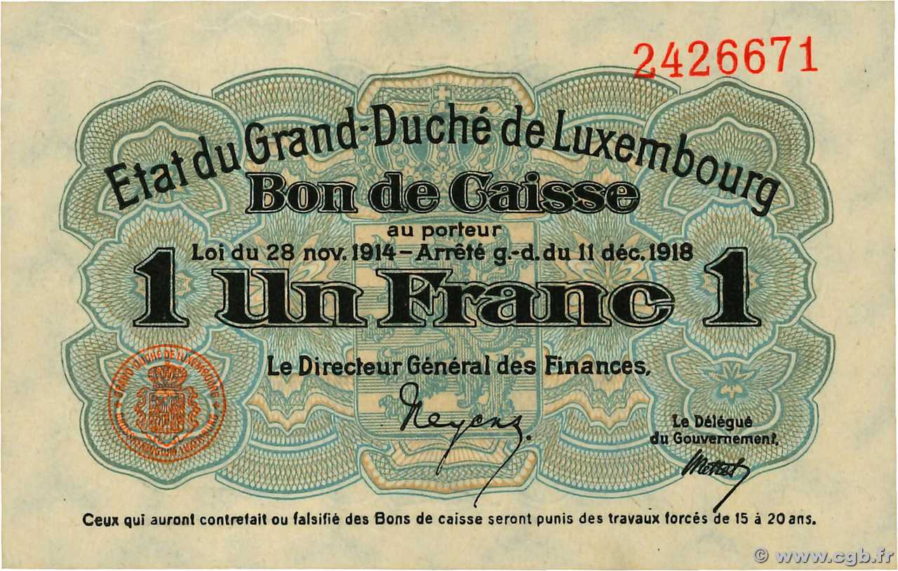 1 Franc LUXEMBOURG  1919 P.27 pr.NEUF